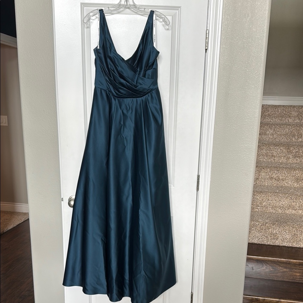 David's Bridal Peacock/Indigo Blue Pleated Gown